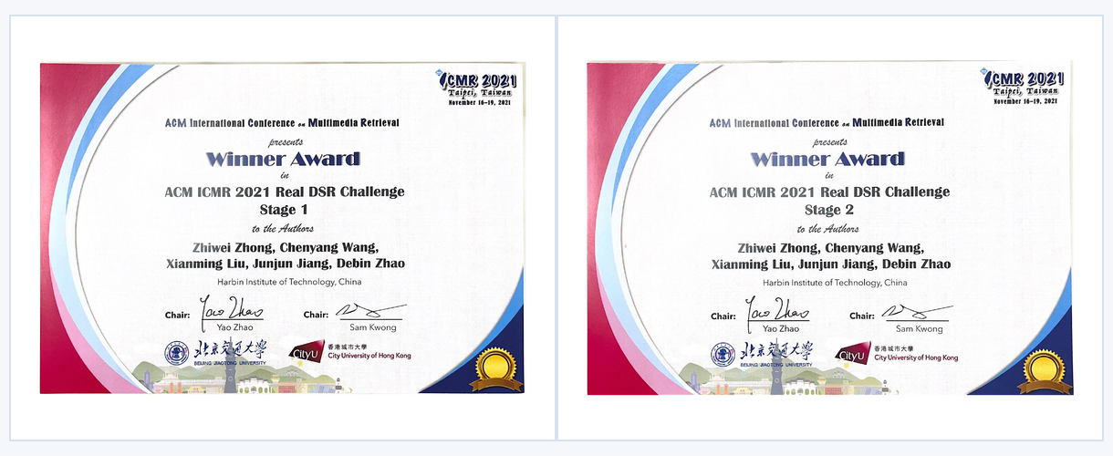 ACM ICMR 2021 Real DSR Challenge winner certificate