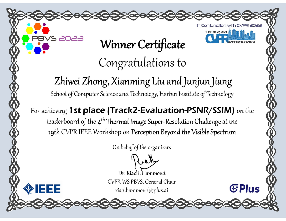 PBVS 2023 Track 2 winner certificate