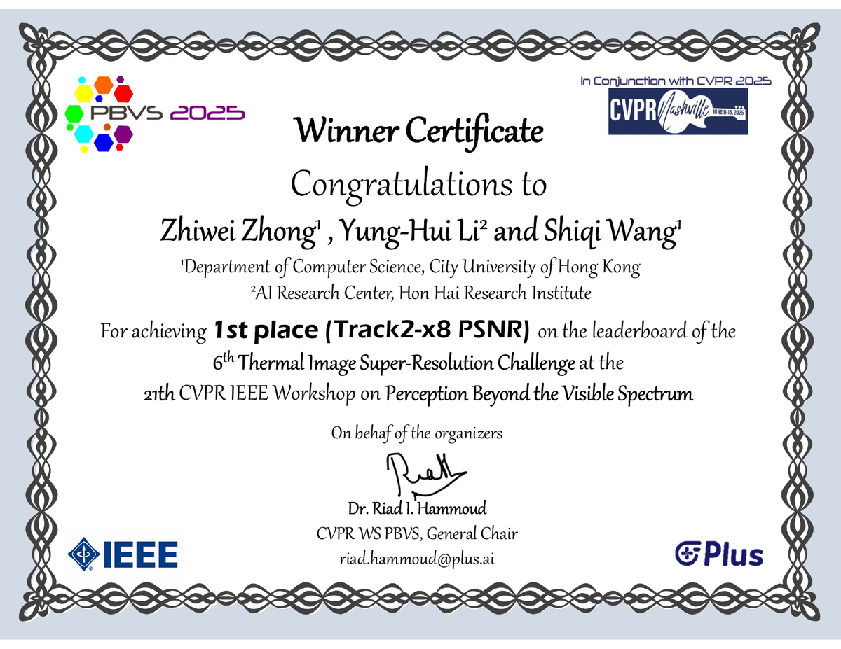 PBVS 2025 Track 2 x8 winner certificate
